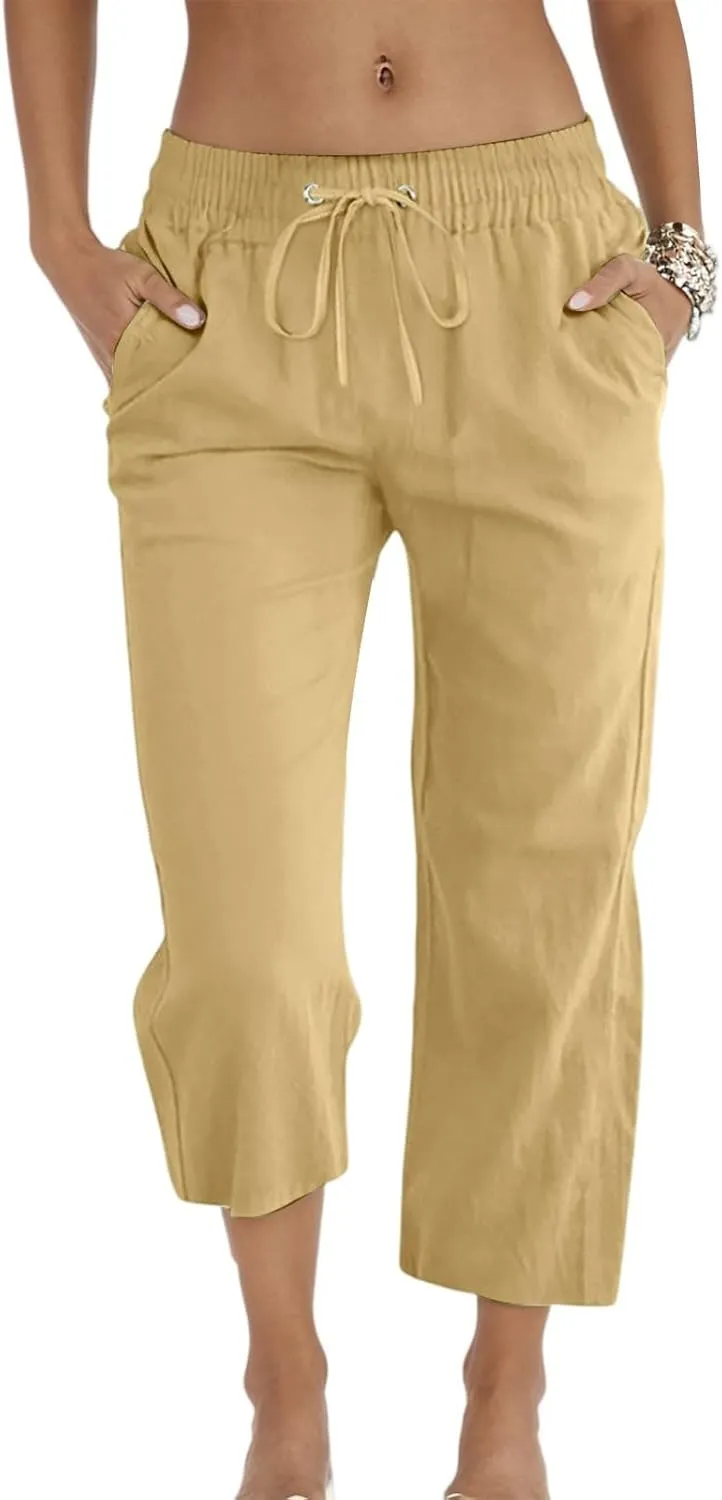 Linen Capri Pants for Women 2025 Casual Summer Drawstring High Waist Lightweight Wide Leg Cropped Trousers with Pocket