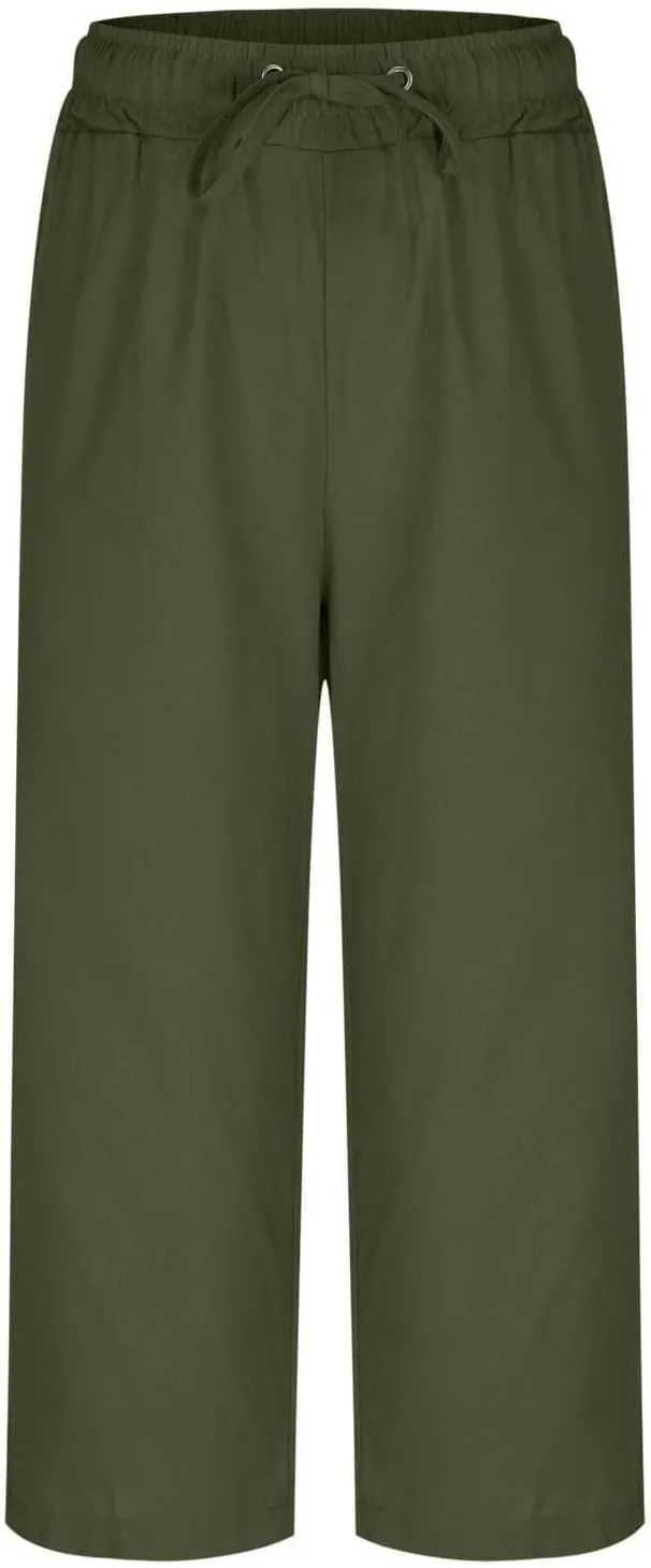 Linen Capri Pants for Women 2025 Casual Summer Drawstring High Waist Lightweight Wide Leg Cropped Trousers with Pocket