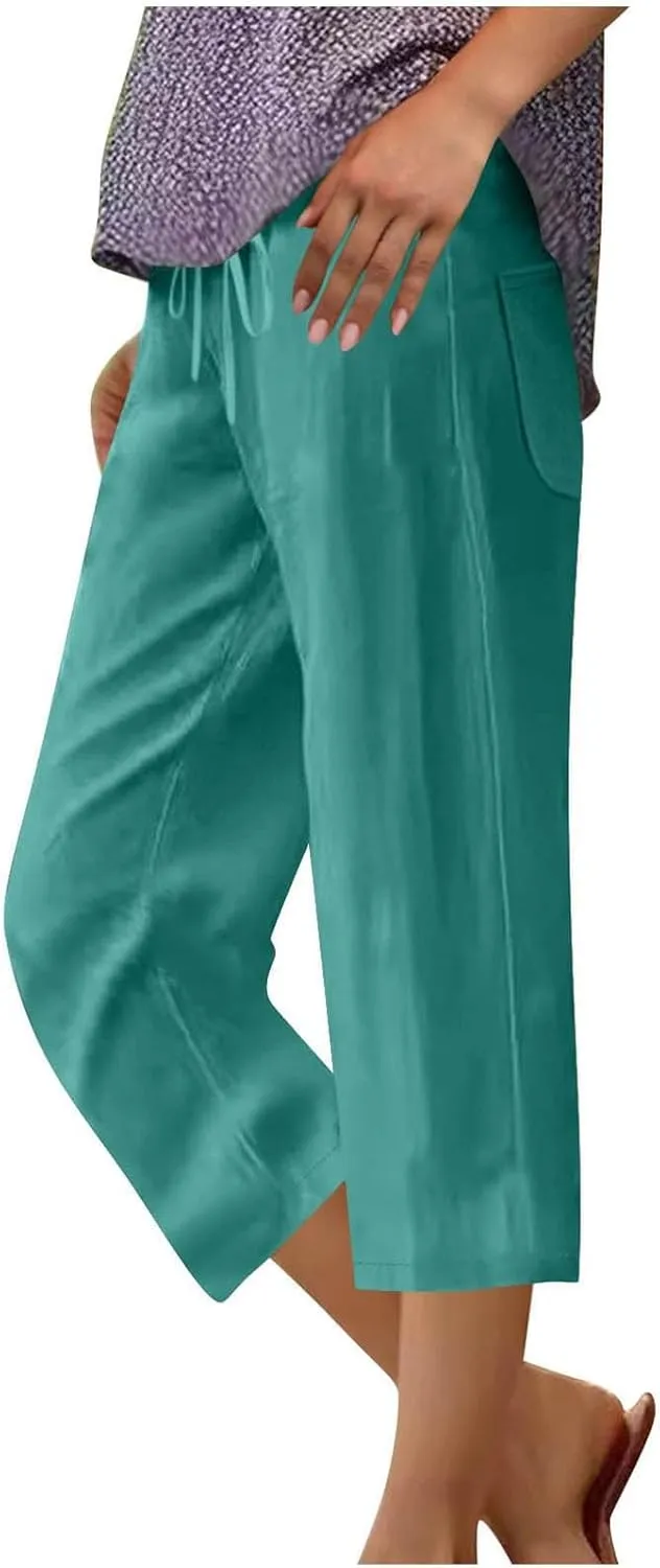 Linen Capri Pants for Women 2025 Casual Summer Drawstring High Waist Lightweight Wide Leg Cropped Trousers with Pocket