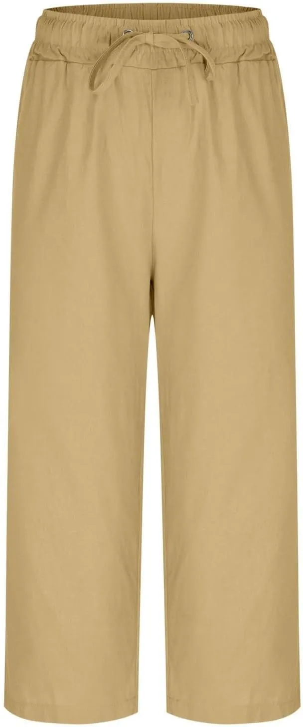 Linen Capri Pants for Women 2025 Casual Summer Drawstring High Waist Lightweight Wide Leg Cropped Trousers with Pocket