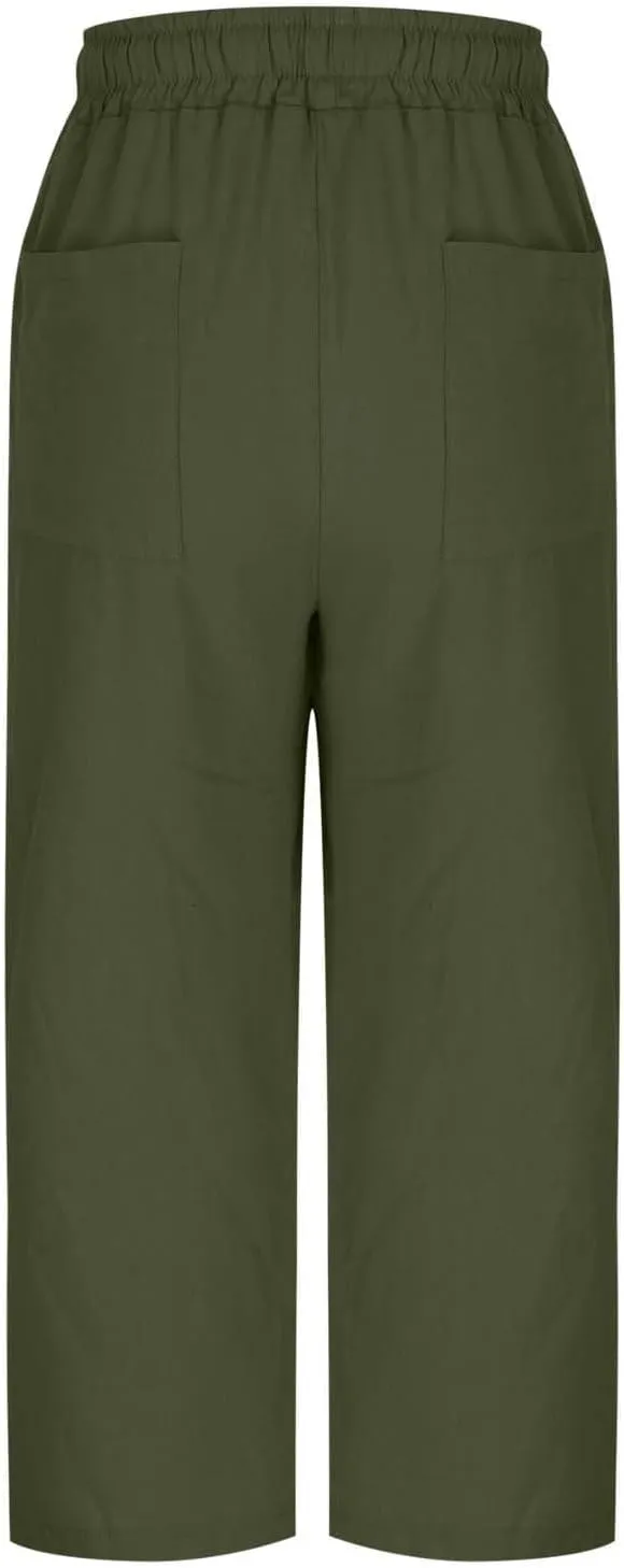 Linen Capri Pants for Women 2025 Casual Summer Drawstring High Waist Lightweight Wide Leg Cropped Trousers with Pocket