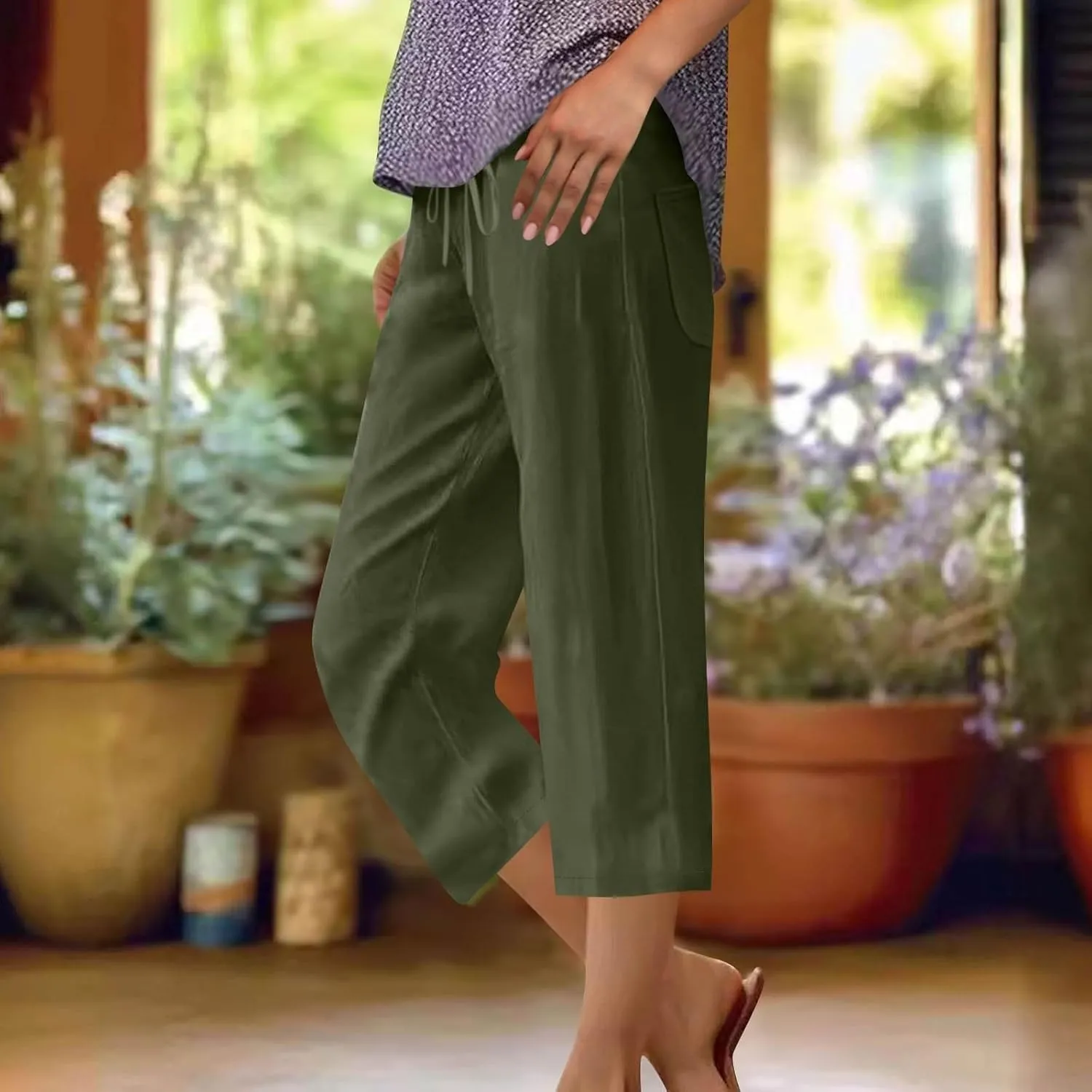 Linen Capri Pants for Women 2025 Casual Summer Drawstring High Waist Lightweight Wide Leg Cropped Trousers with Pocket