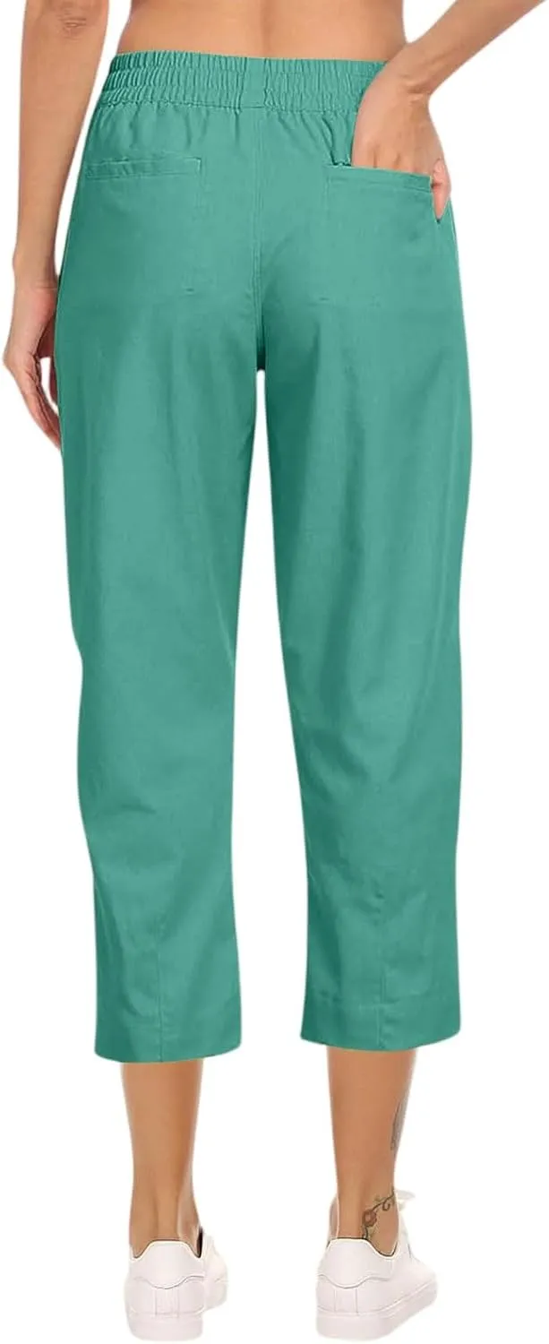 Linen Capri Pants for Women 2025 Casual Summer Drawstring High Waist Lightweight Wide Leg Cropped Trousers with Pocket