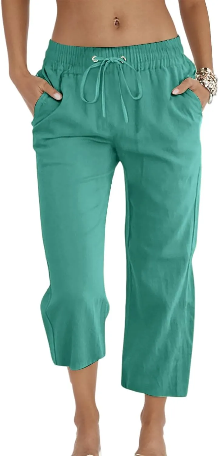 Linen Capri Pants for Women 2025 Casual Summer Drawstring High Waist Lightweight Wide Leg Cropped Trousers with Pocket