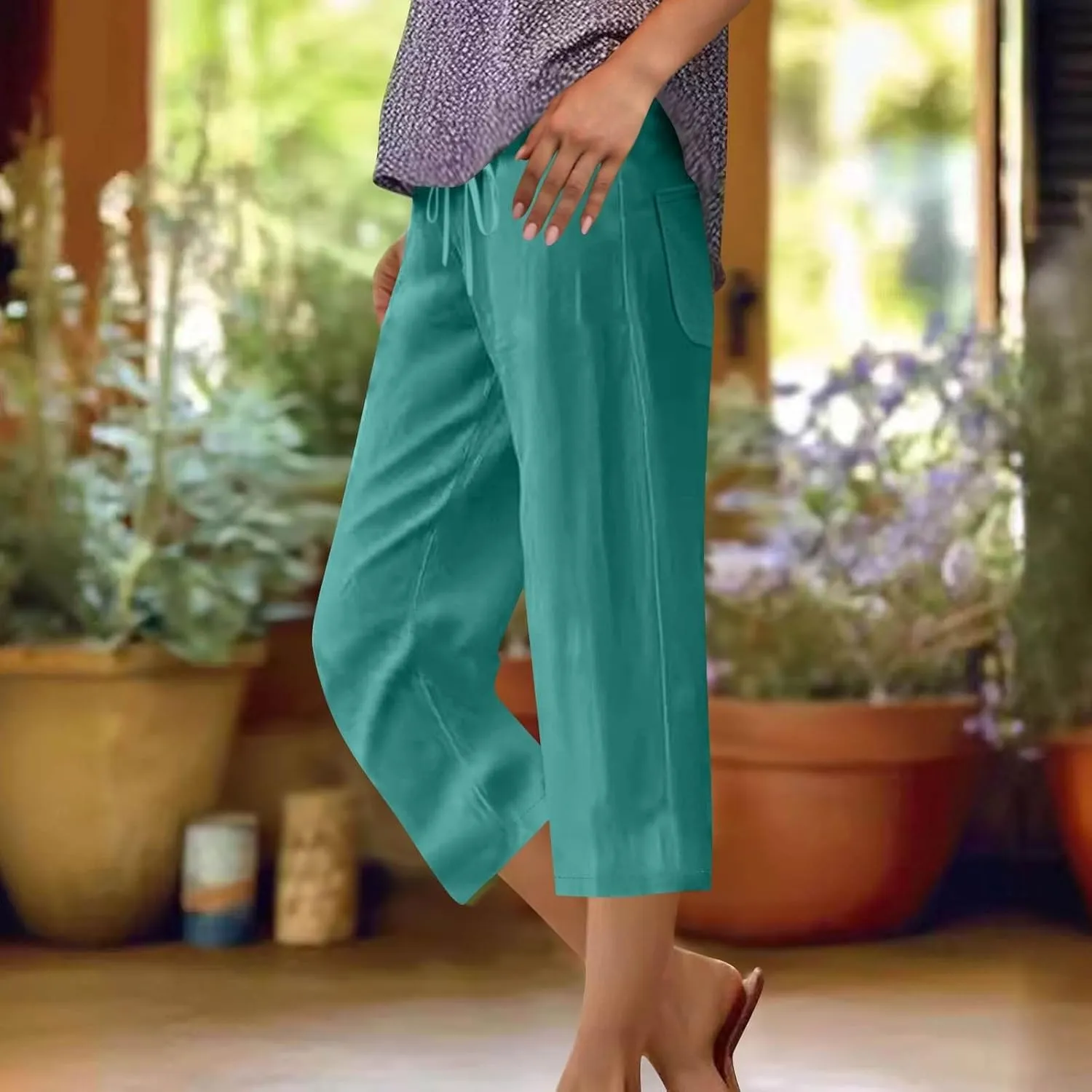 Linen Capri Pants for Women 2025 Casual Summer Drawstring High Waist Lightweight Wide Leg Cropped Trousers with Pocket
