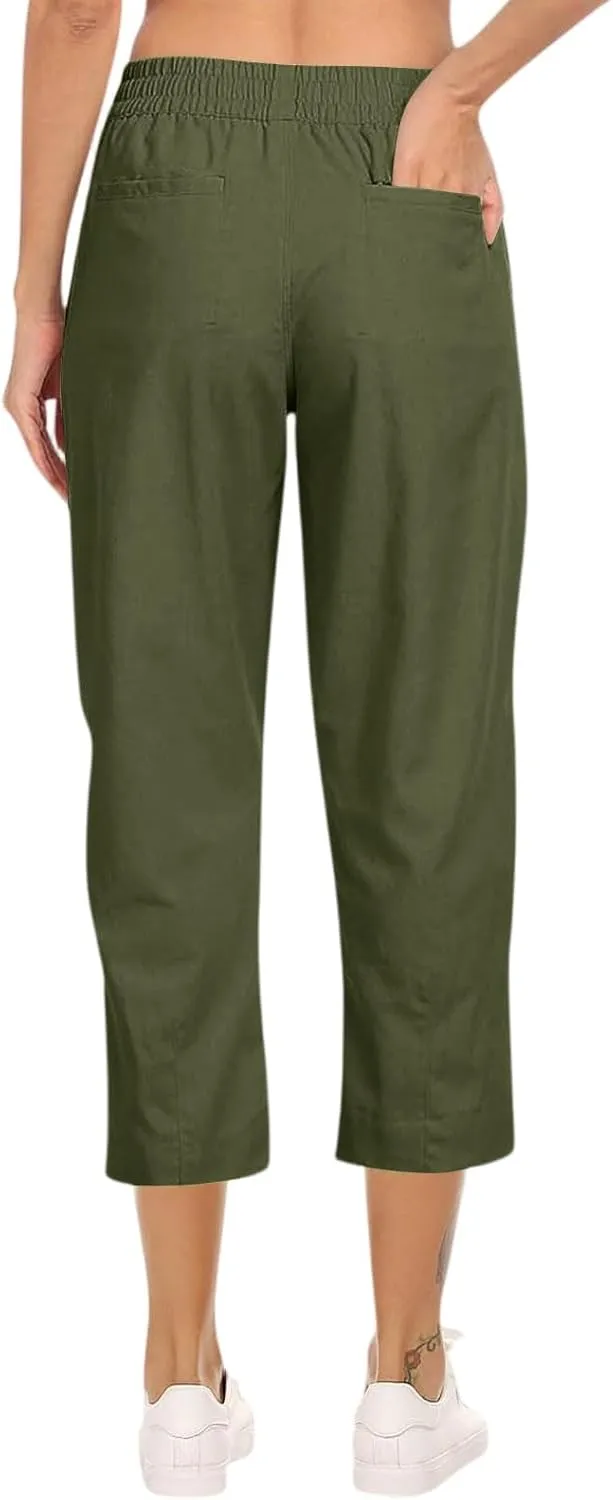Linen Capri Pants for Women 2025 Casual Summer Drawstring High Waist Lightweight Wide Leg Cropped Trousers with Pocket