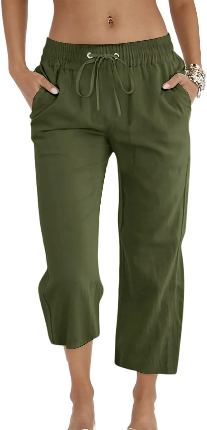 Linen Capri Pants for Women 2025 Casual Summer Drawstring High Waist Lightweight Wide Leg Cropped Trousers with Pocket
