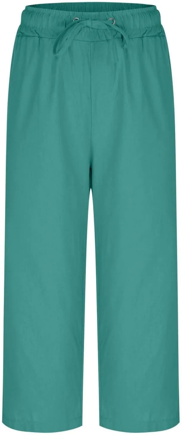 Linen Capri Pants for Women 2025 Casual Summer Drawstring High Waist Lightweight Wide Leg Cropped Trousers with Pocket