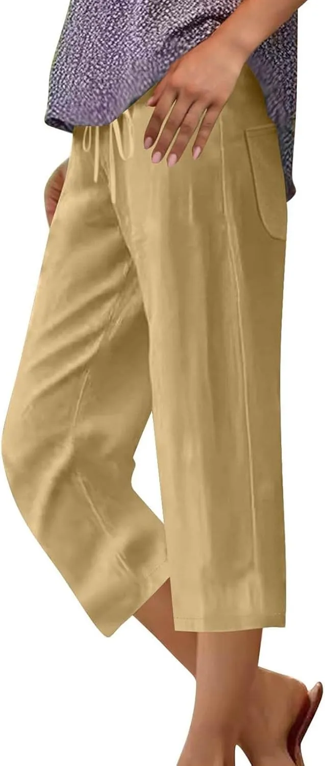 Linen Capri Pants for Women 2025 Casual Summer Drawstring High Waist Lightweight Wide Leg Cropped Trousers with Pocket