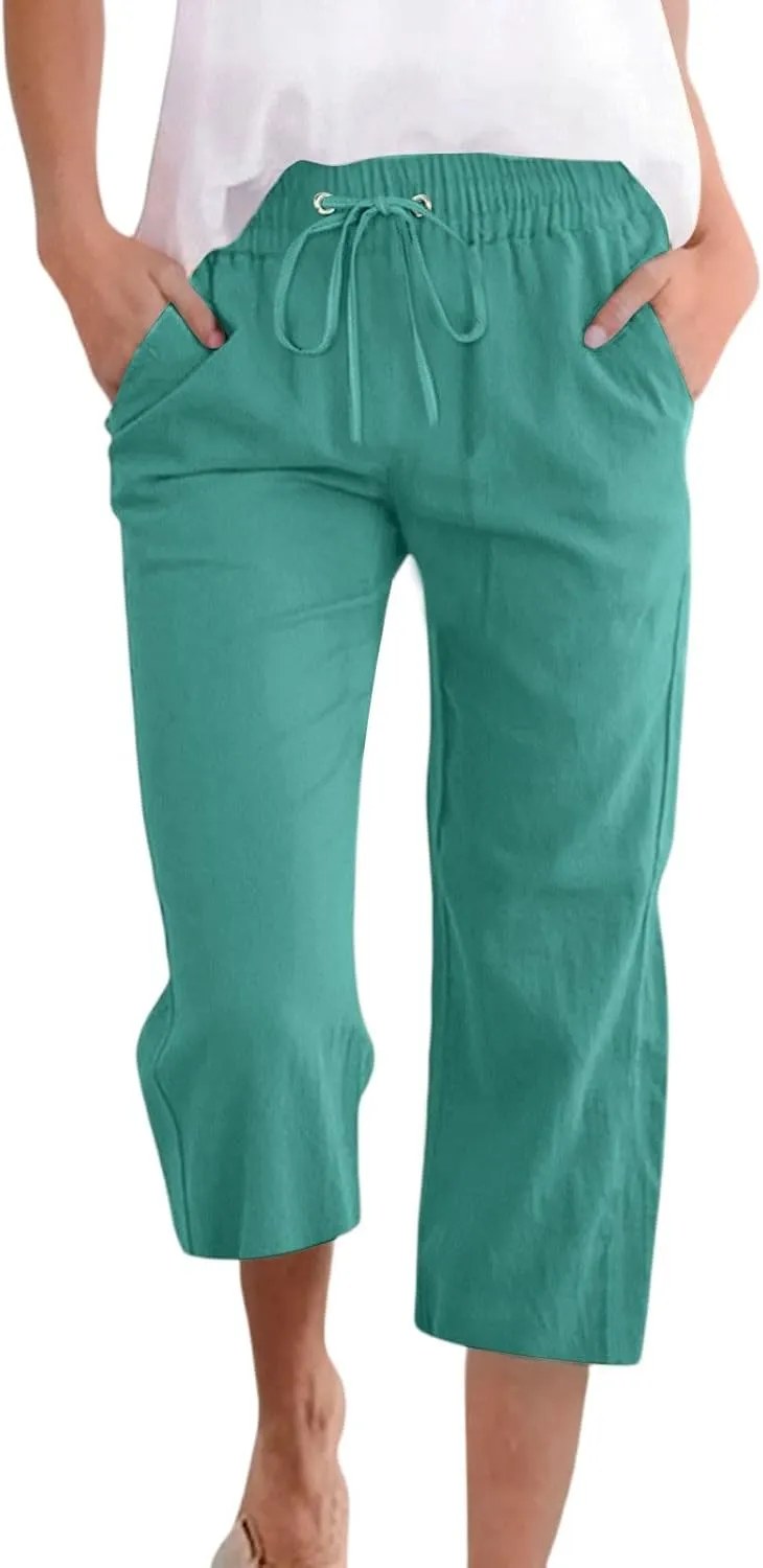 Linen Capri Pants for Women 2025 Casual Summer Drawstring High Waist Lightweight Wide Leg Cropped Trousers with Pocket