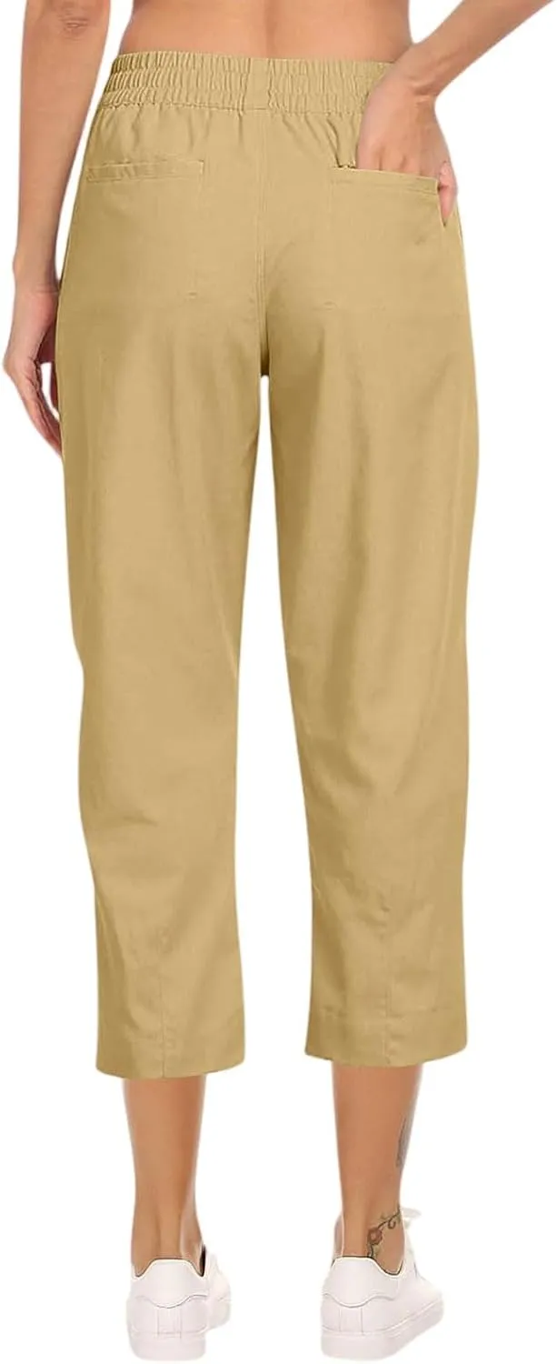 Linen Capri Pants for Women 2025 Casual Summer Drawstring High Waist Lightweight Wide Leg Cropped Trousers with Pocket
