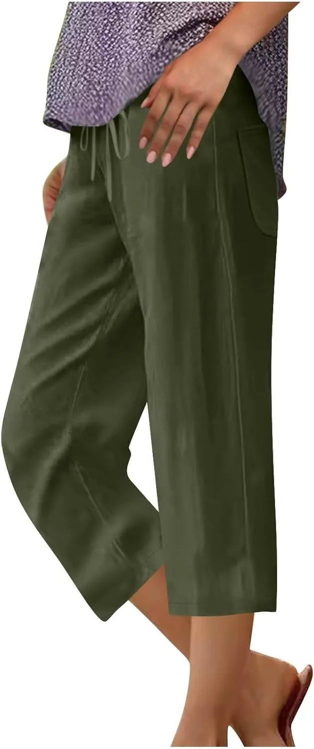 Linen Capri Pants for Women 2025 Casual Summer Drawstring High Waist Lightweight Wide Leg Cropped Trousers with Pocket