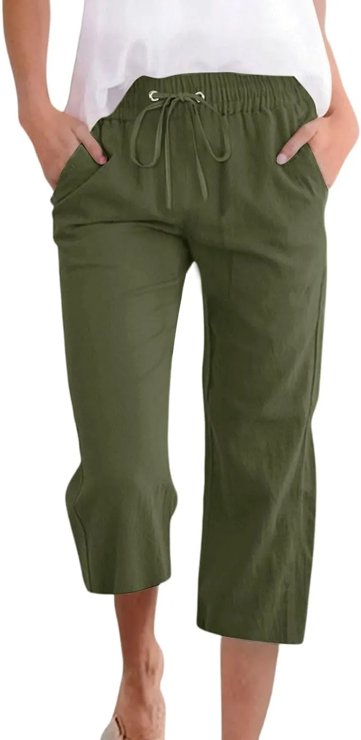 Linen Capri Pants for Women 2025 Casual Summer Drawstring High Waist Lightweight Wide Leg Cropped Trousers with Pocket