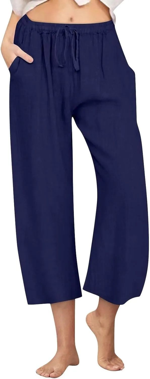 Linen Capri Pants for Women Casual Summer Wide Leg Pants High Waisted Drawstring Palazzo Lightweight Beach Capris