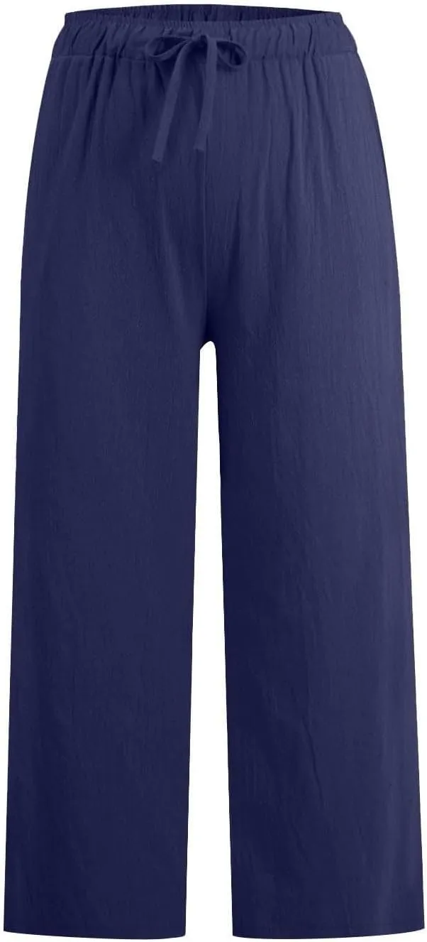 Linen Capri Pants for Women Casual Summer Wide Leg Pants High Waisted Drawstring Palazzo Lightweight Beach Capris