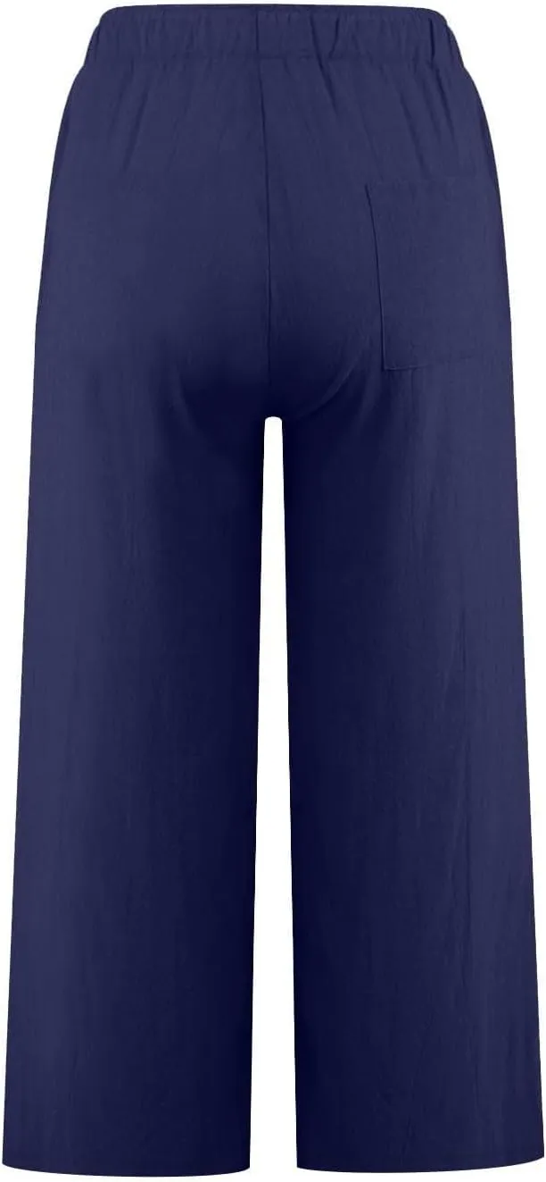 Linen Capri Pants for Women Casual Summer Wide Leg Pants High Waisted Drawstring Palazzo Lightweight Beach Capris