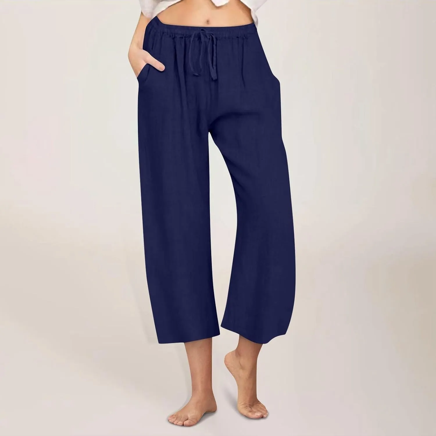 Linen Capri Pants for Women Casual Summer Wide Leg Pants High Waisted Drawstring Palazzo Lightweight Beach Capris