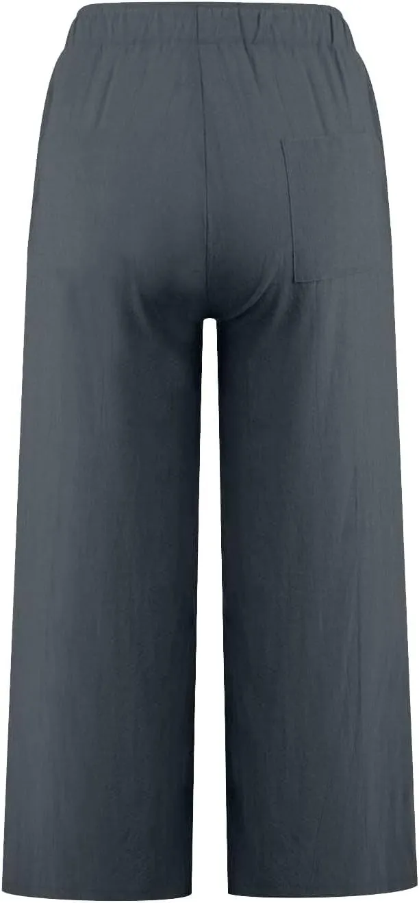 Linen Capri Pants for Women High Waisted Wide Leg Palazzo Trousers Pull On Elastic Waist Loose Flowy Summer Beach Pant