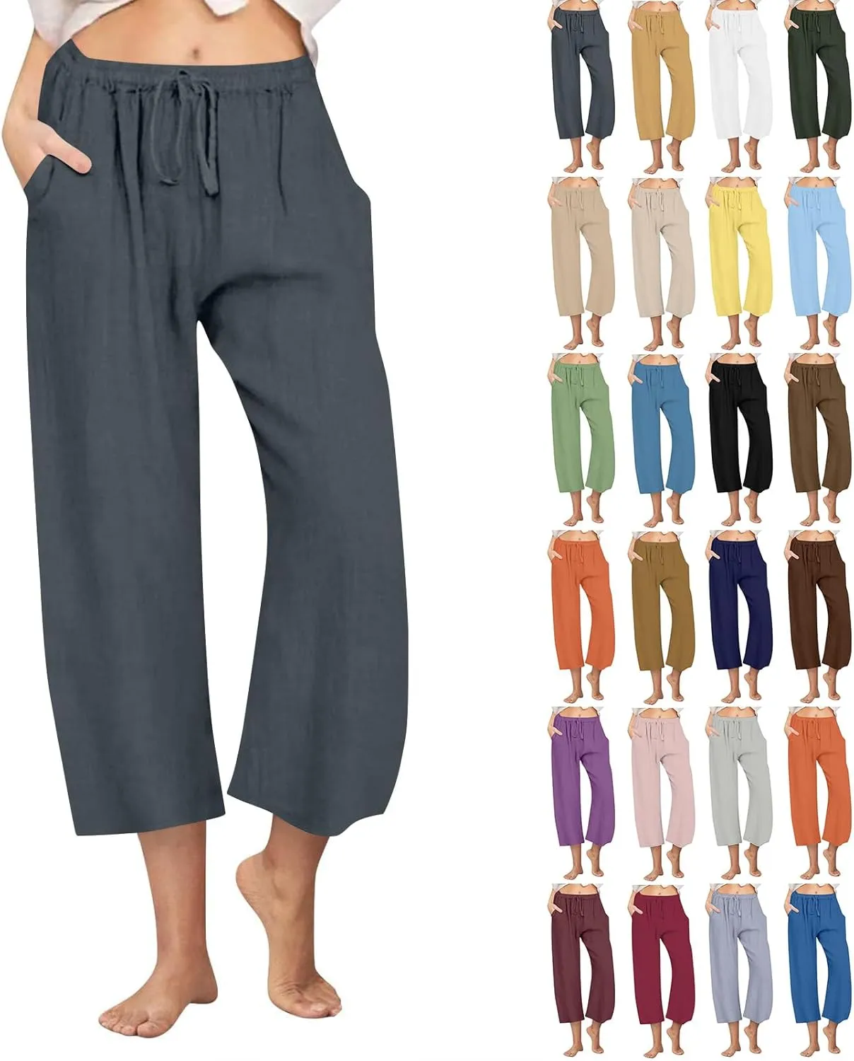 Linen Capri Pants for Women High Waisted Wide Leg Palazzo Trousers Pull On Elastic Waist Loose Flowy Summer Beach Pant