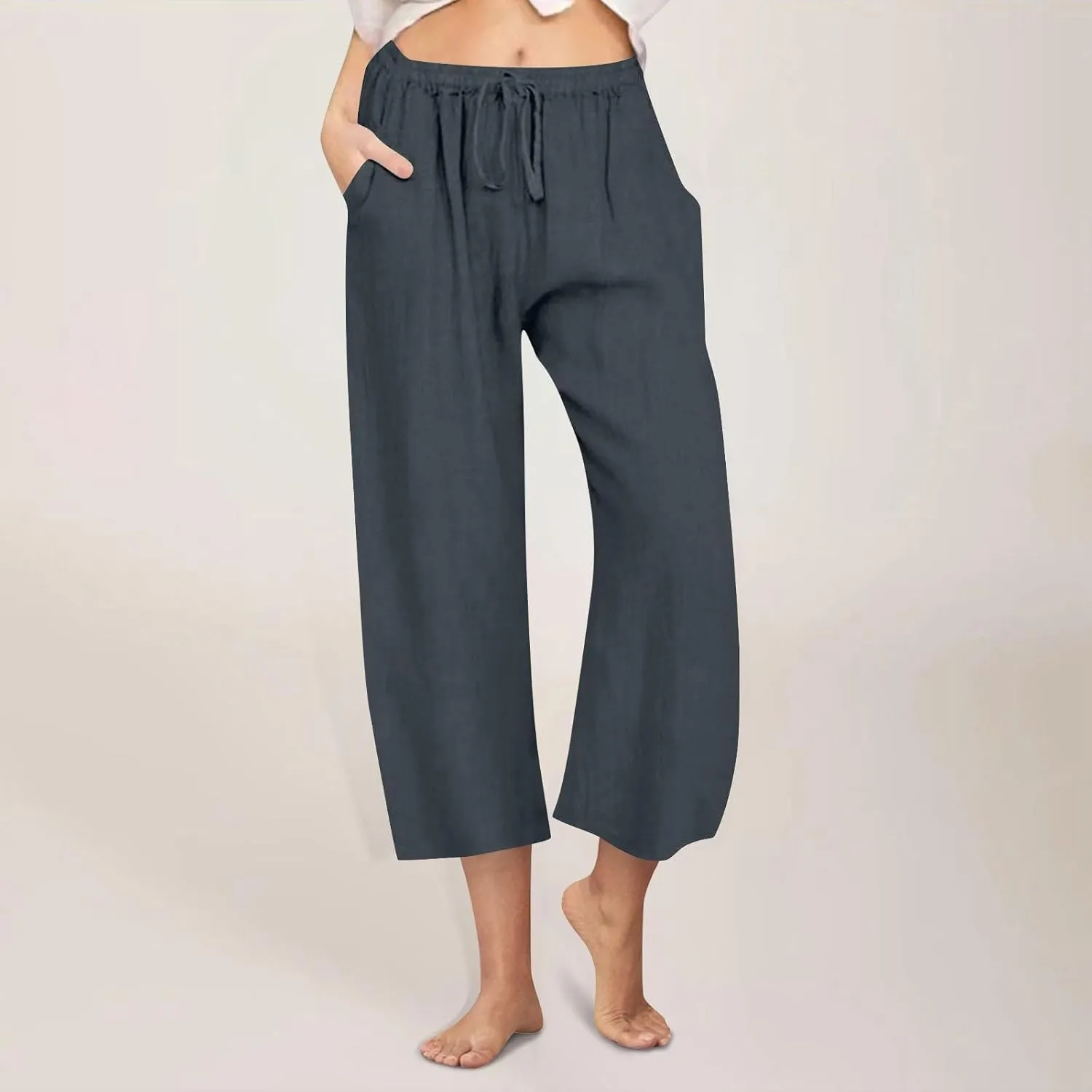 Linen Capri Pants for Women High Waisted Wide Leg Palazzo Trousers Pull On Elastic Waist Loose Flowy Summer Beach Pant