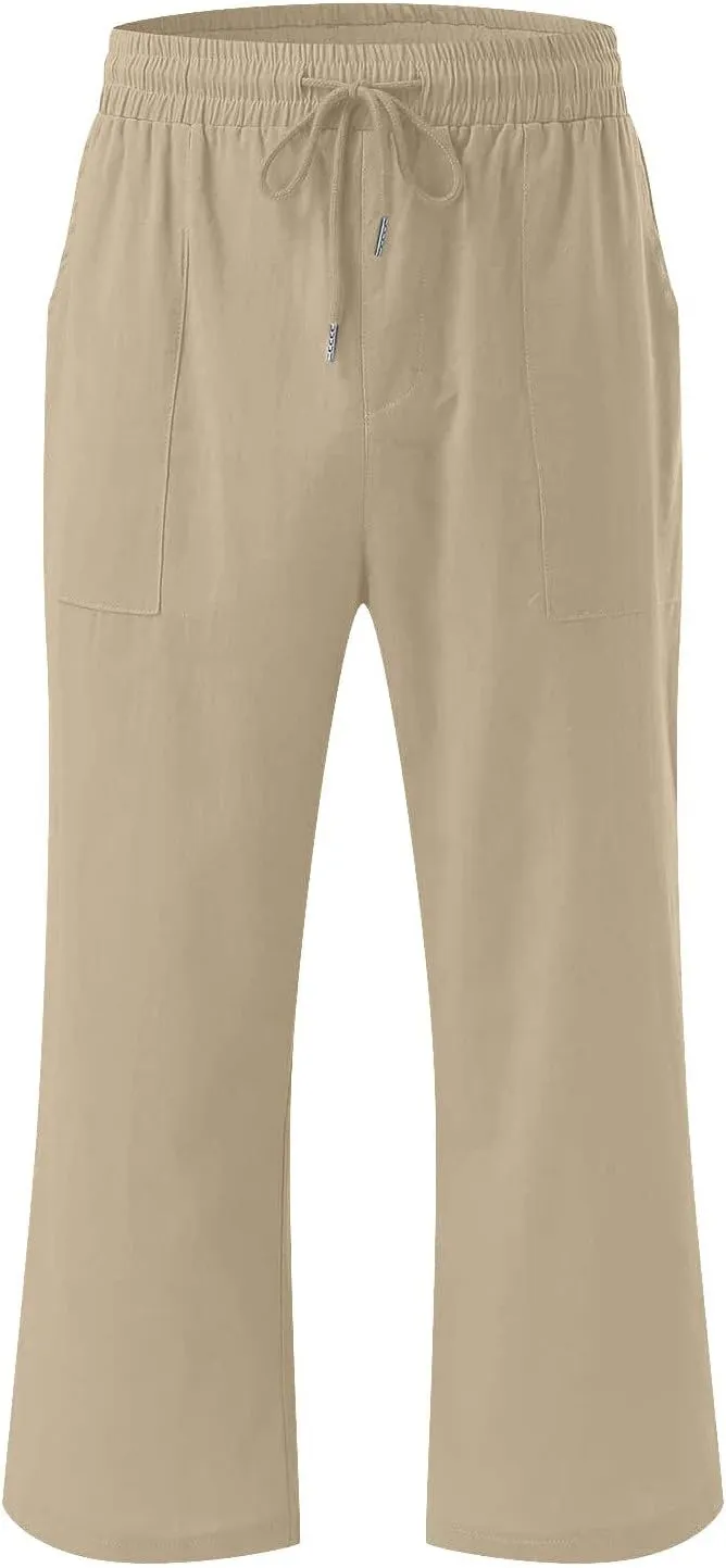 Linen Capri Pants for Women Summer Casual Wide Leg Beach Pants Elastic High Waist Drawstring Loose Cropped Trousers