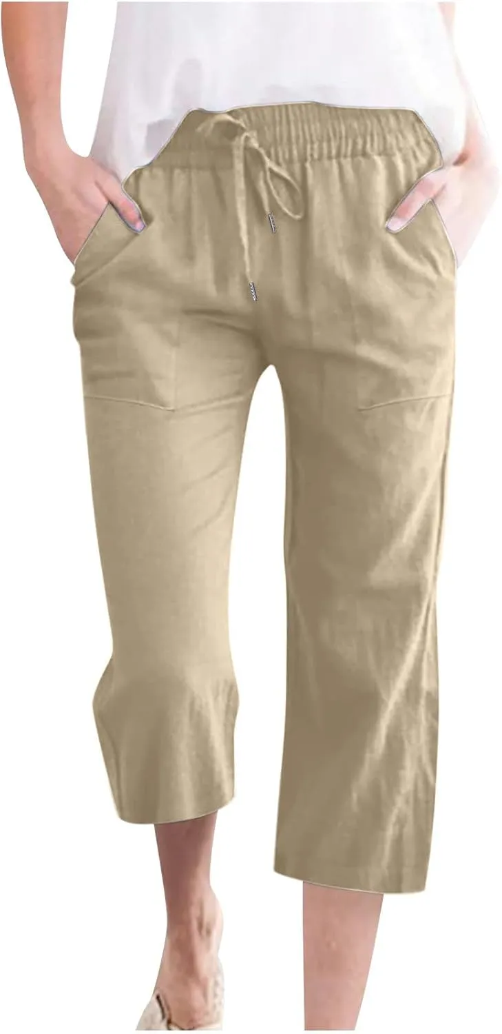 Linen Capri Pants for Women Summer Casual Wide Leg Beach Pants Elastic High Waist Drawstring Loose Cropped Trousers