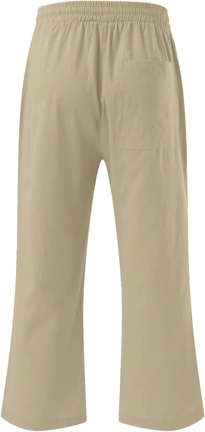 Linen Capri Pants for Women Summer Casual Wide Leg Beach Pants Elastic High Waist Drawstring Loose Cropped Trousers