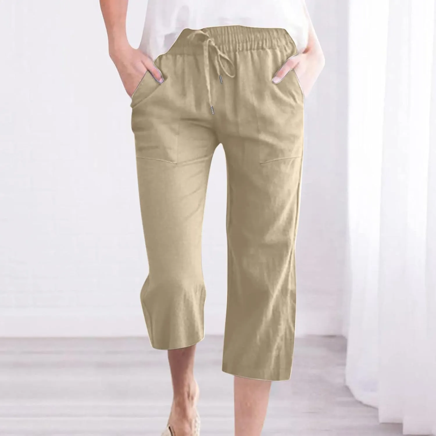 Linen Capri Pants for Women Summer Casual Wide Leg Beach Pants Elastic High Waist Drawstring Loose Cropped Trousers