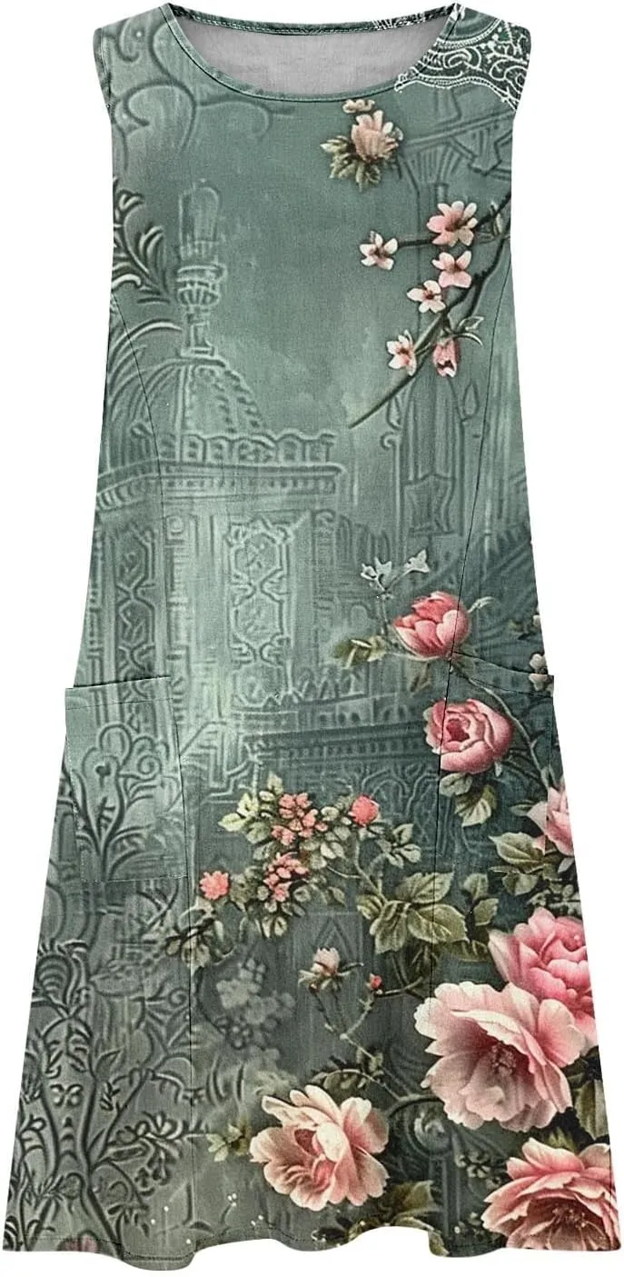 Linen Dresses for Women 2025 Sleeveless Crewneck Floral Print Tank Dress Casual Loose Sundress
