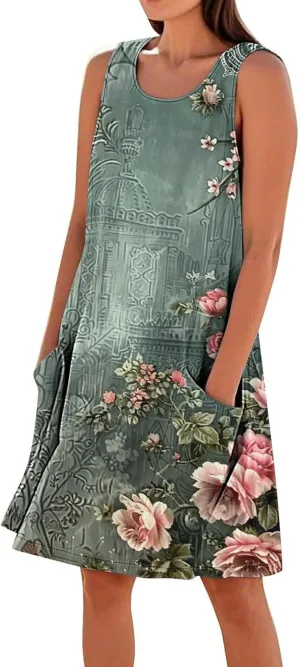 Linen Dresses for Women 2025 Sleeveless Crewneck Floral Print Tank Dress Casual Loose Sundress