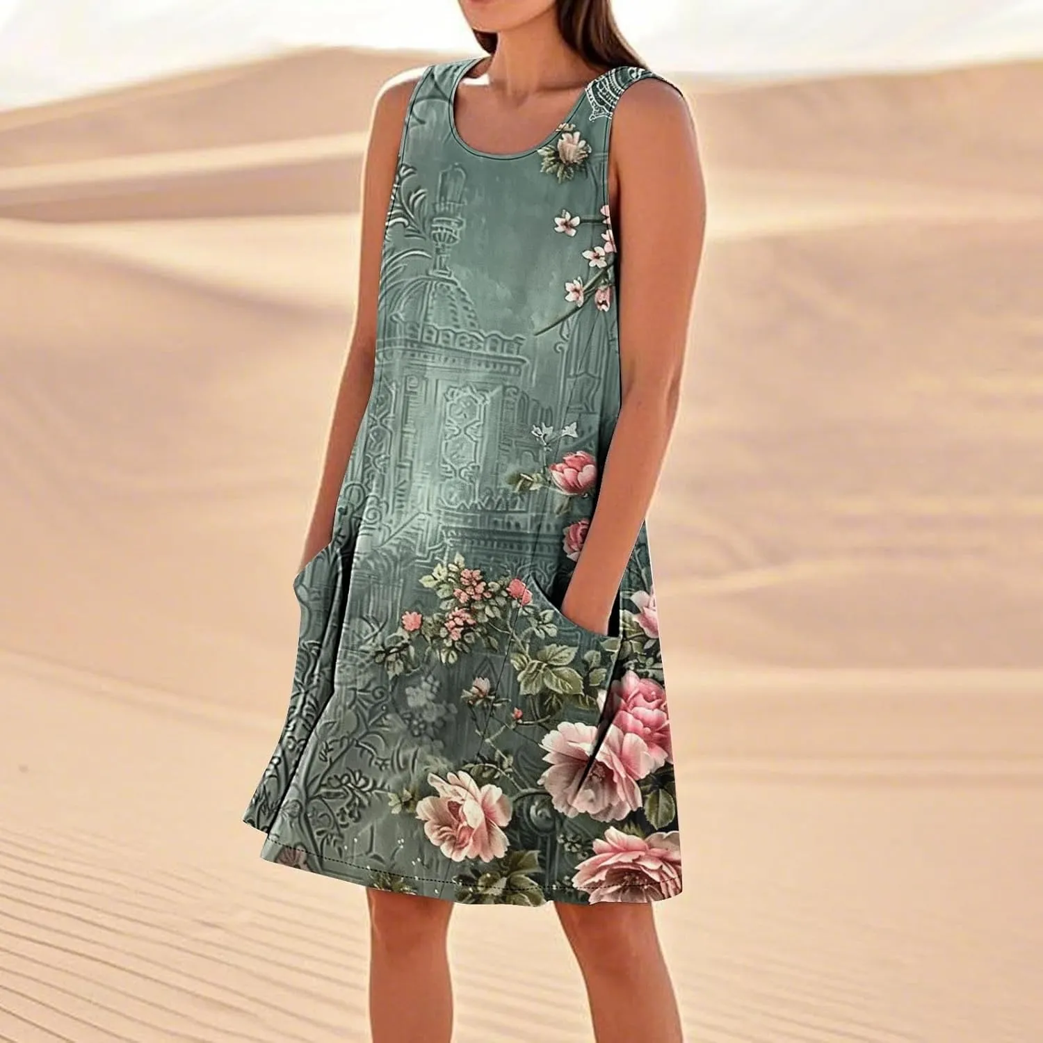 Linen Dresses for Women 2025 Sleeveless Crewneck Floral Print Tank Dress Casual Loose Sundress