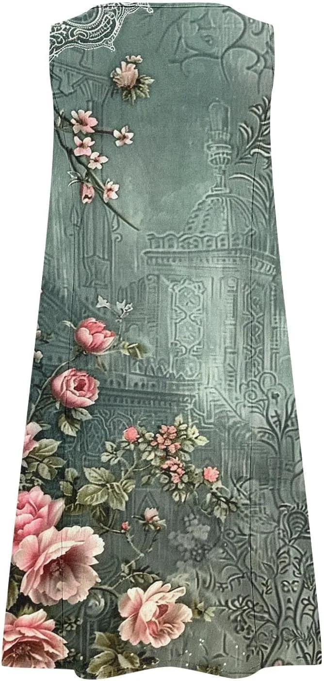 Linen Dresses for Women 2025 Sleeveless Crewneck Floral Print Tank Dress Casual Loose Sundress