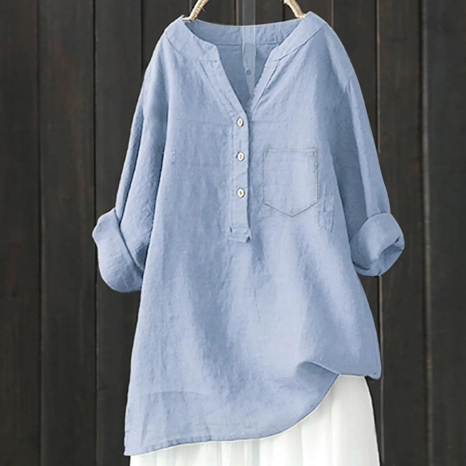 Linen Gauze Shirts for Women 2025 Summer Fashion 3/4 Sleeve Button Henley Neck Tops Vacation Going Out Dressy Blouses