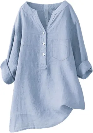 Linen Gauze Shirts for Women 2025 Summer Fashion 3/4 Sleeve Button Henley Neck Tops Vacation Going Out Dressy Blouses