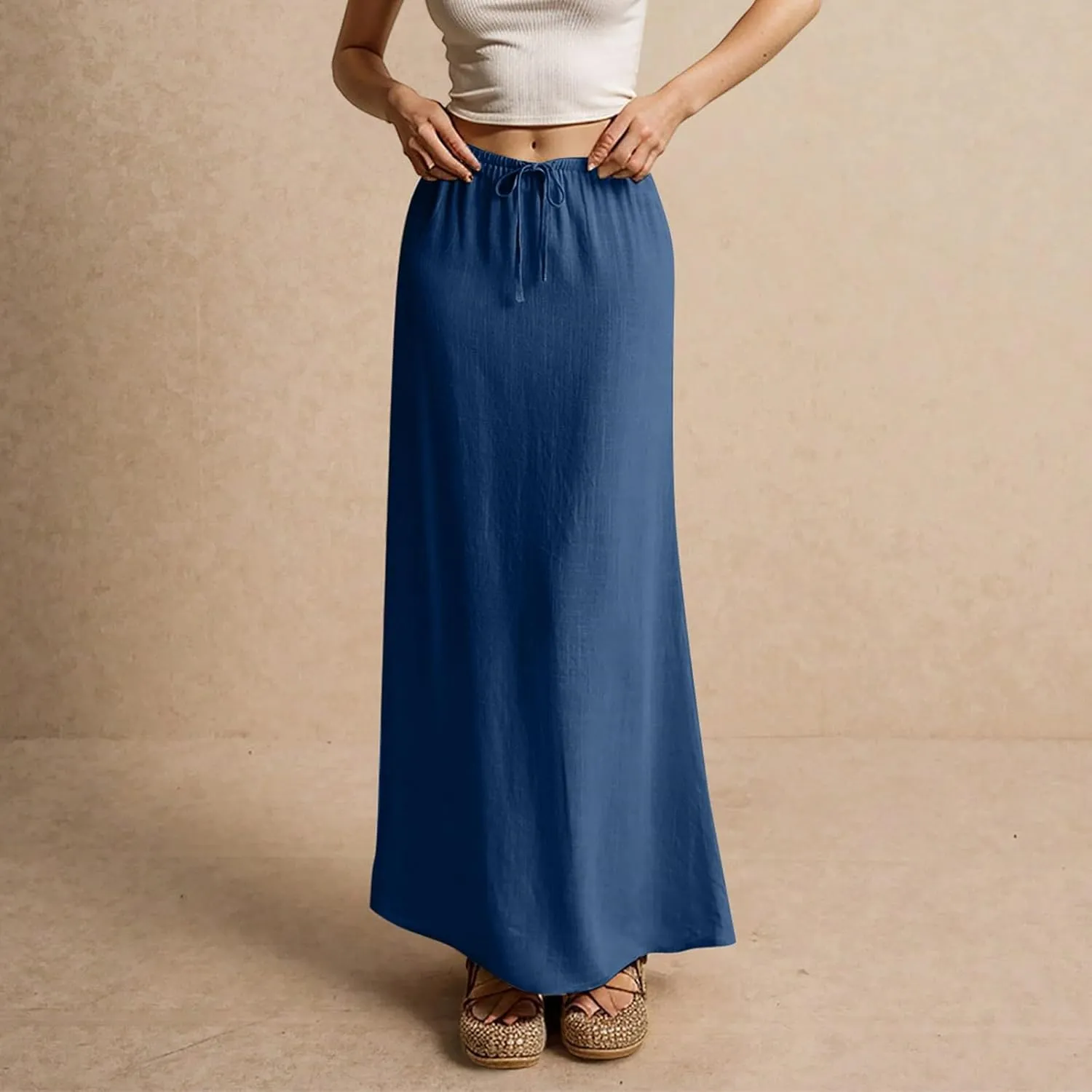 Linen Maxi Skirts for Women Trendy Summer Comfy Drawstring Waist A Line Skirts Cute Vacation Boho Long Flowy Skirts