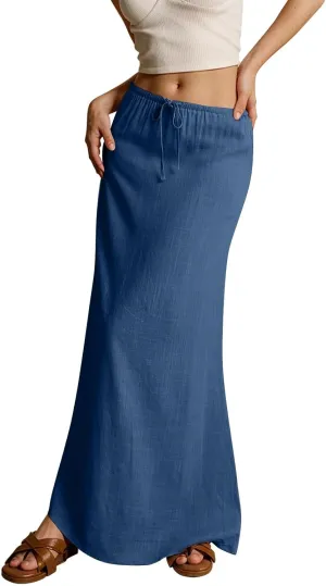 Linen Maxi Skirts for Women Trendy Summer Comfy Drawstring Waist A Line Skirts Cute Vacation Boho Long Flowy Skirts