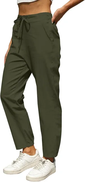 Linen Pants for Women High Waisted Casual Pants Drawstring Loose Barrel Pants Lightweight Ankle Pants Summer Beach Pants