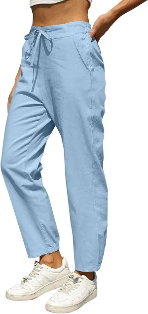 Linen Pants for Women High Waisted Casual Pants Drawstring Loose Barrel Pants Lightweight Ankle Pants Summer Beach Pants