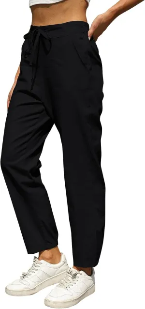Linen Pants for Women High Waisted Casual Pants Drawstring Loose Barrel Pants Lightweight Ankle Pants Summer Beach Pants