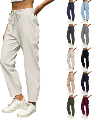 Linen Pants for Women High Waisted Casual Pants Drawstring Loose Barrel Pants Lightweight Ankle Pants Summer Beach Pants