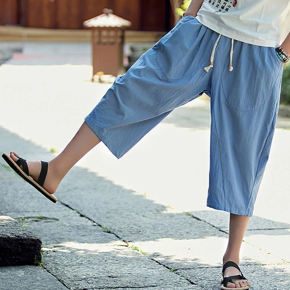 Linen Pants Men Big and Tall Capri Pants Casual Elastic Waist Summer Beach Pants Lightweight Vacation Trousers