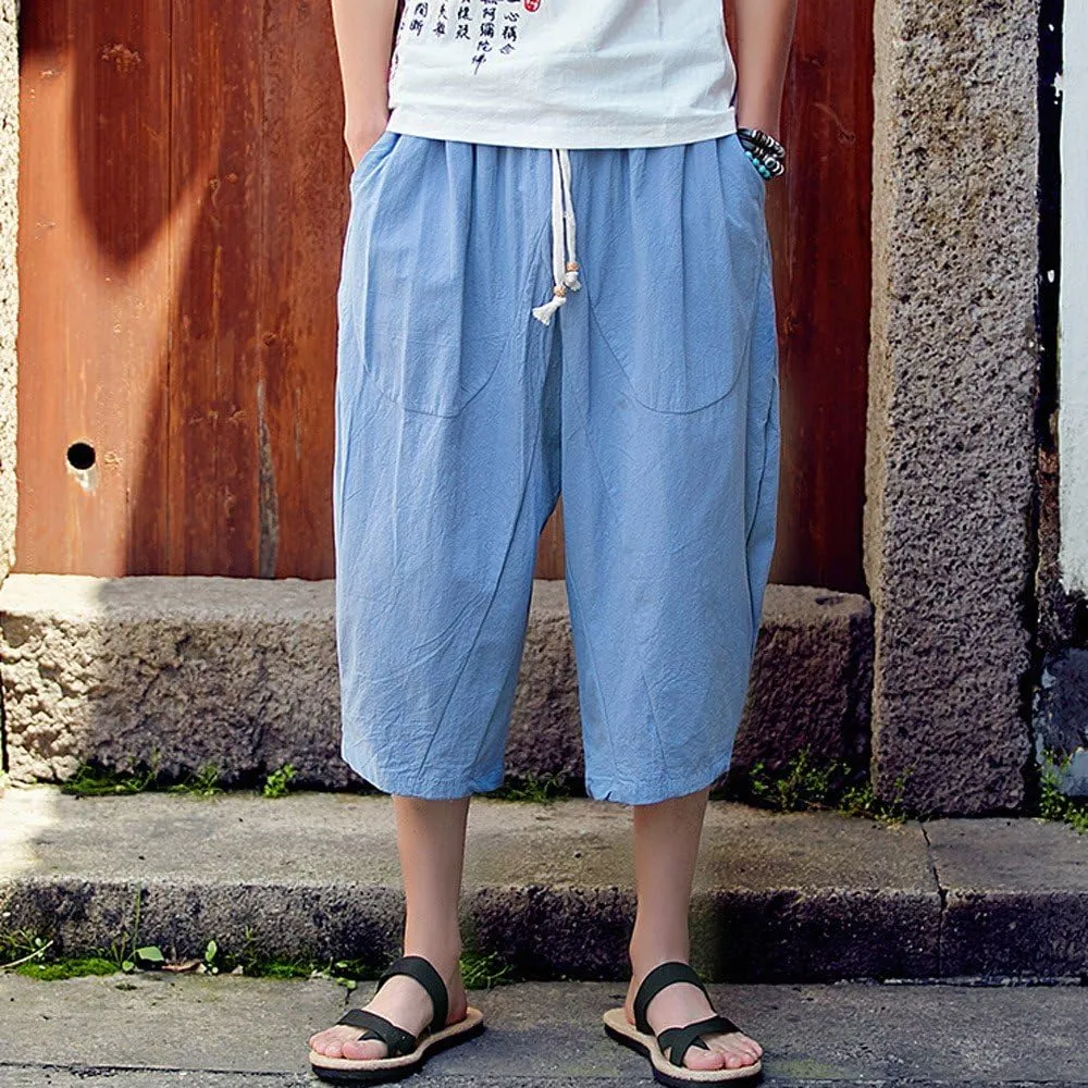 Linen Pants Men Big and Tall Capri Pants Casual Elastic Waist Summer Beach Pants Lightweight Vacation Trousers