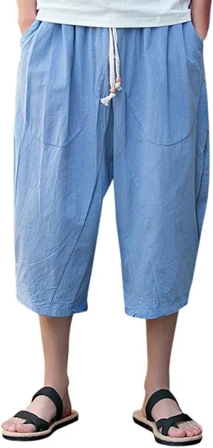 Linen Pants Men Big and Tall Capri Pants Casual Elastic Waist Summer Beach Pants Lightweight Vacation Trousers
