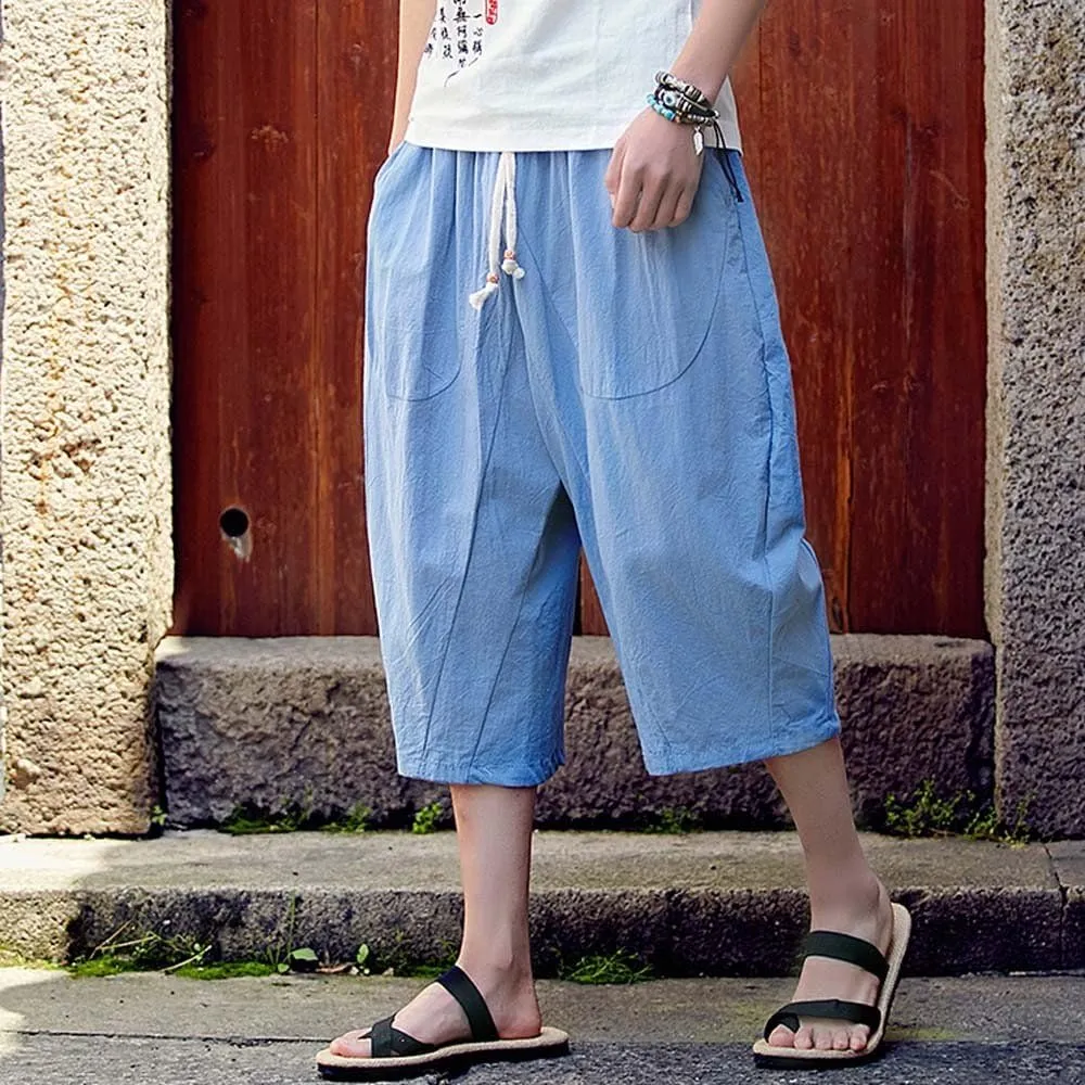 Linen Pants Men Big and Tall Capri Pants Casual Elastic Waist Summer Beach Pants Lightweight Vacation Trousers