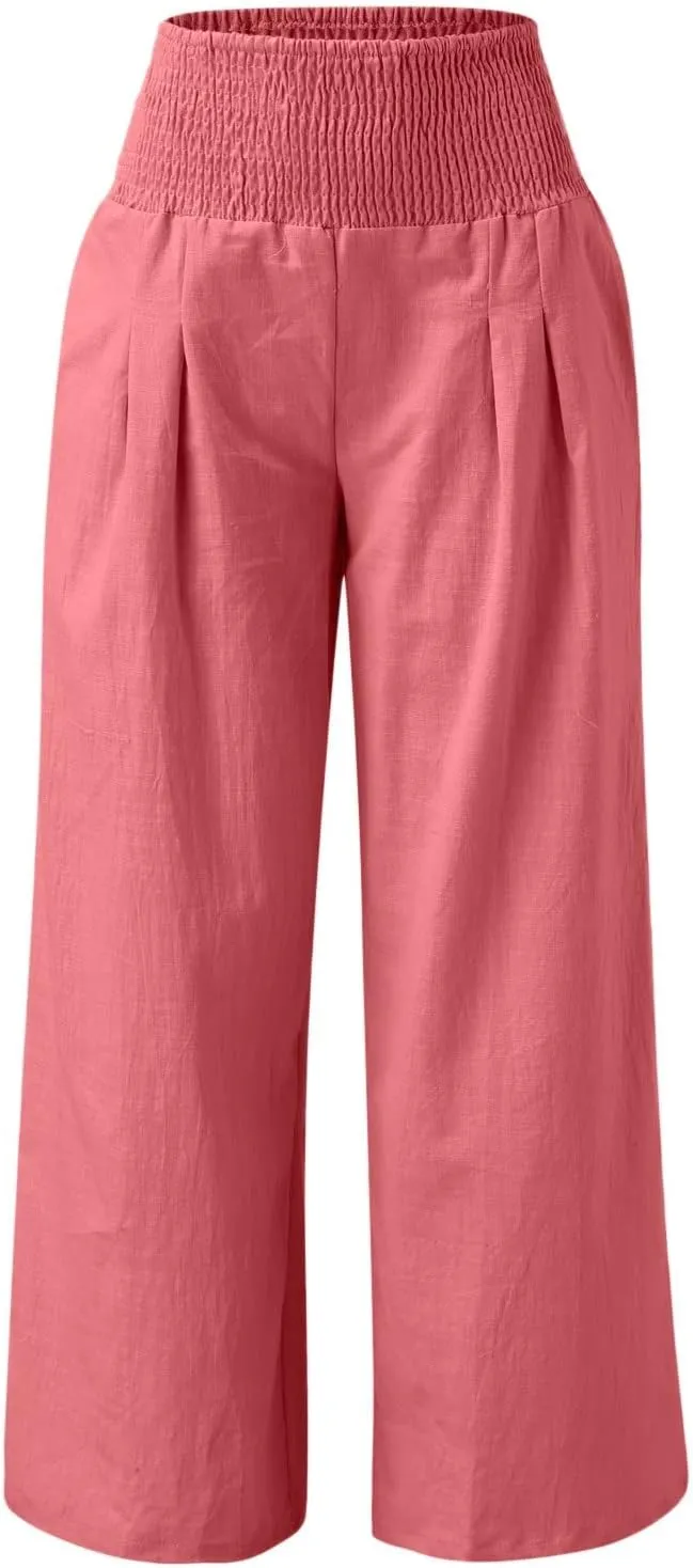 Linen Pants Women Comfy Flowy Wide Leg Pants Trousers Summer High Waisted Beach Palazzo Pants with Pockets 2024