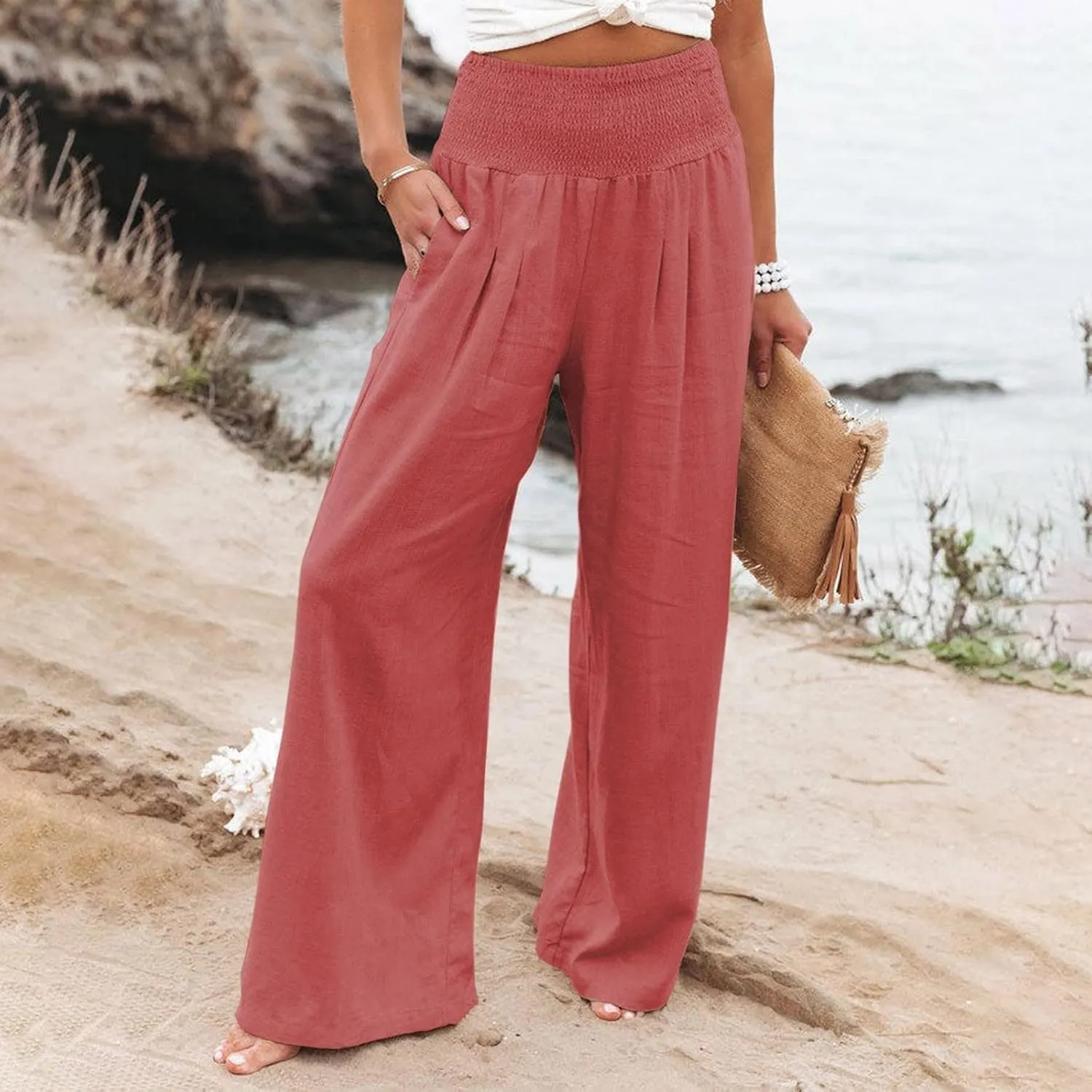 Linen Pants Women Comfy Flowy Wide Leg Pants Trousers Summer High Waisted Beach Palazzo Pants with Pockets 2024