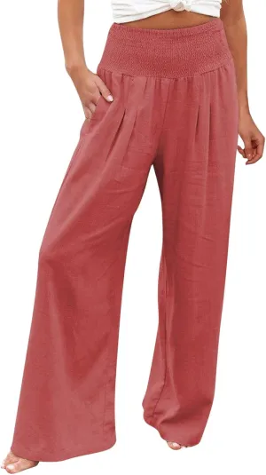 Linen Pants Women Comfy Flowy Wide Leg Pants Trousers Summer High Waisted Beach Palazzo Pants with Pockets 2024