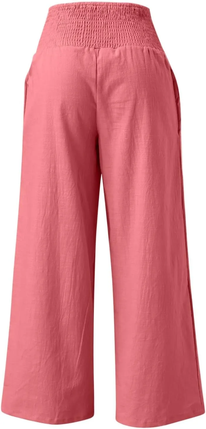 Linen Pants Women Comfy Flowy Wide Leg Pants Trousers Summer High Waisted Beach Palazzo Pants with Pockets 2024