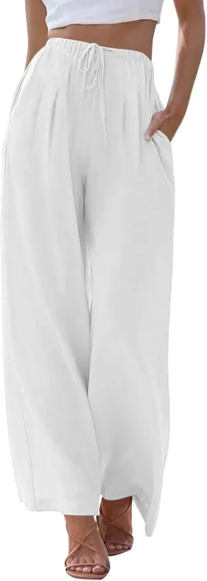 Linen Pants Women Drawstring Elastic Waist Wide Leg Loose Fit Summer Trouser Palazzo Pants Women with Pockets