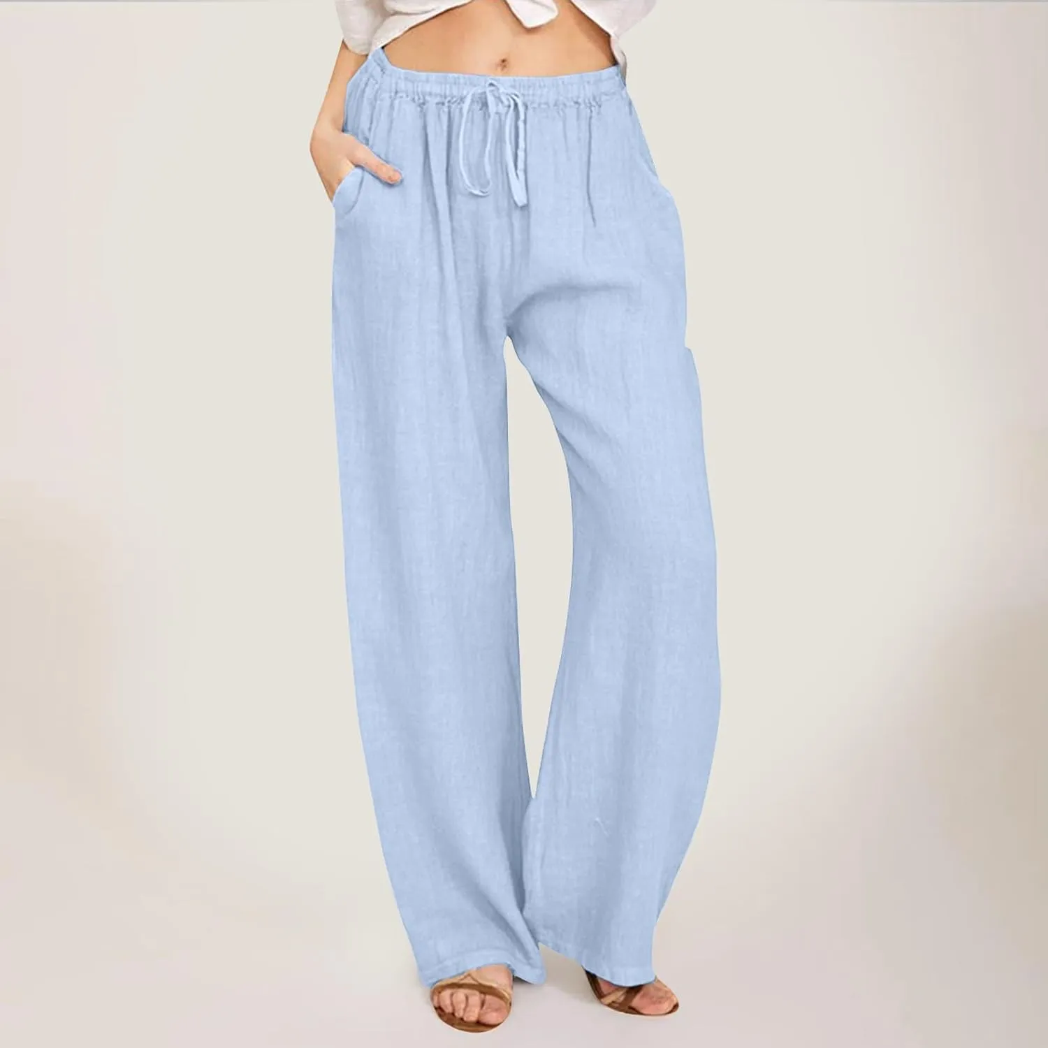 Linen Pants Women High Waist Wide Leg Pants Summer Cotton Linen Pants Casual Beach Trousers with Pockets